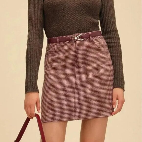 Cupcakes and Cashmere Sz 8 Wool Blend A-Line Mini Houndstooth Brown Skirt Earthy - Picture 3 of 10
